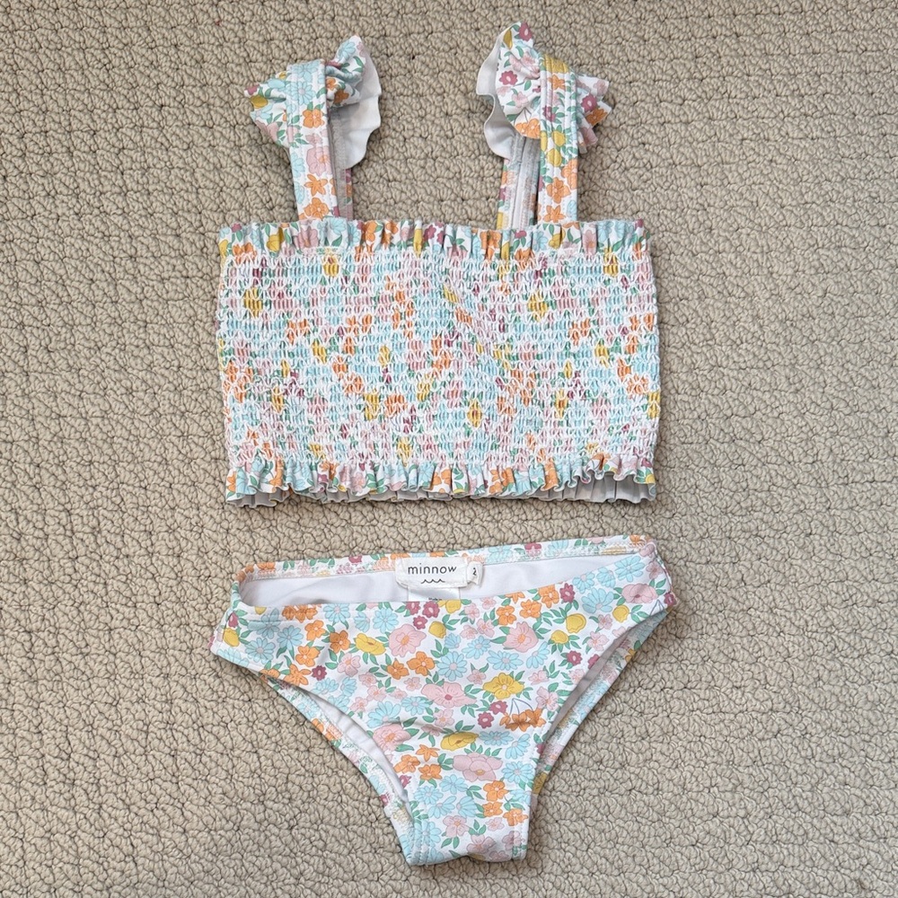 Minnow Girls' Floral Smocked Bikini Set in Pastel Multi